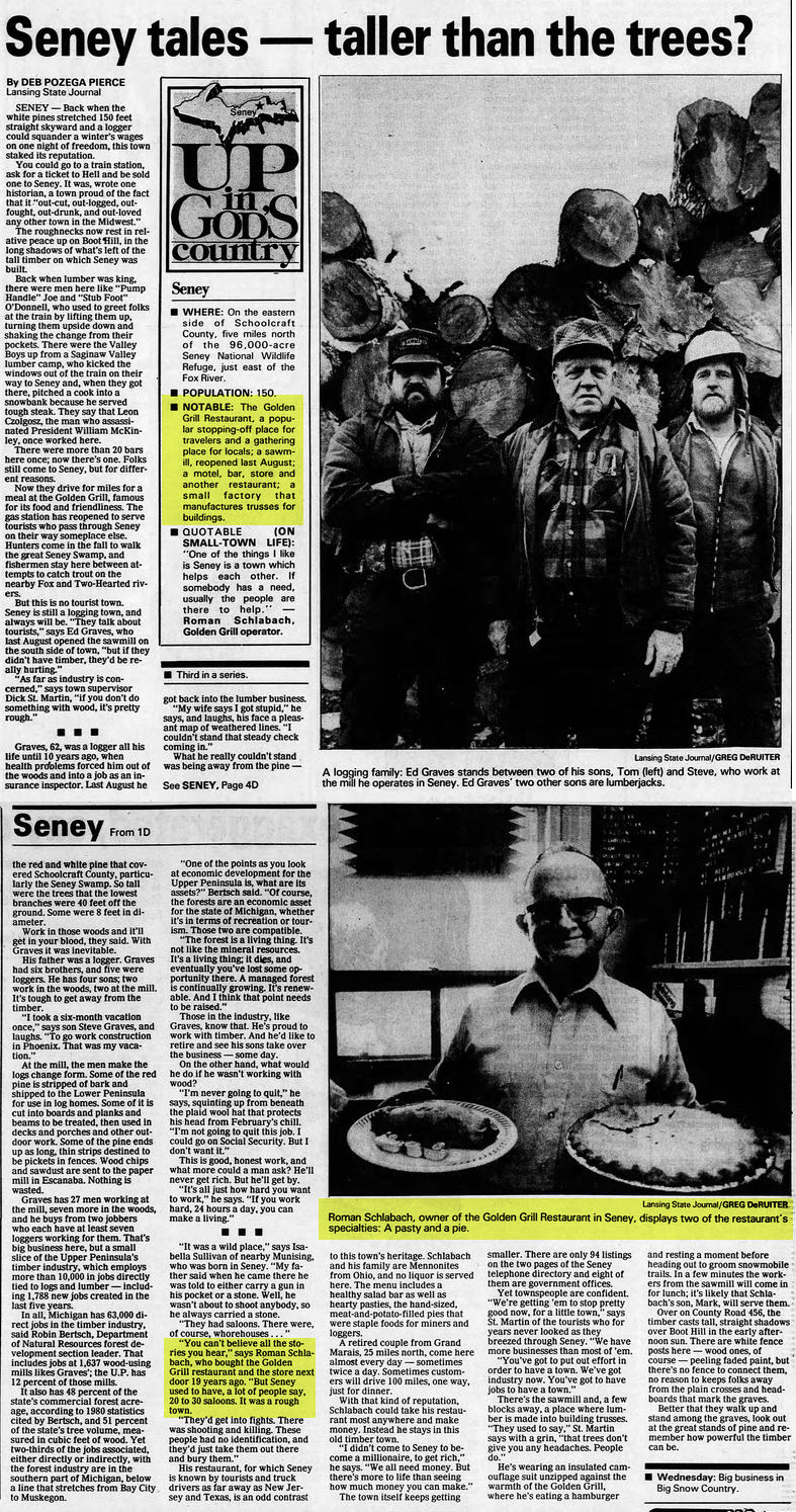 Seny IGA and Golden Grill Restaurant - March 1987 Article On Seney And Restaurant